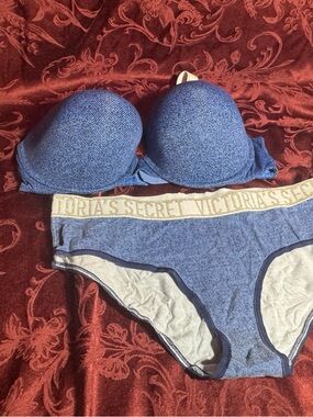 Victoria's Secret Heathered Blue Padded Bra and Hipster Set 38D XL